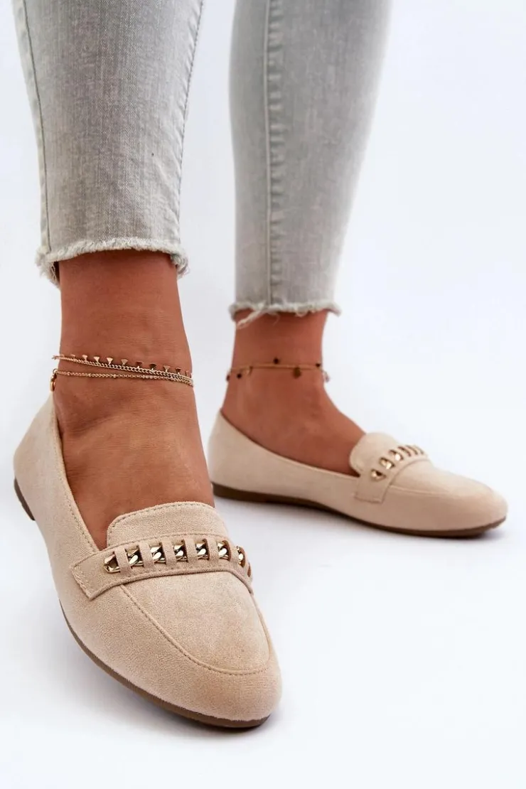 Damskie Boto Błyszczące Mokasyny Damskie Z Łańcuchem Beżowe Aredilla