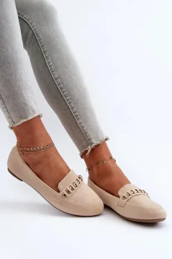 Damskie Boto Błyszczące Mokasyny Damskie Z Łańcuchem Beżowe Aredilla