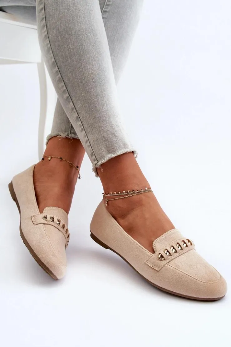 Damskie Boto Błyszczące Mokasyny Damskie Z Łańcuchem Beżowe Aredilla