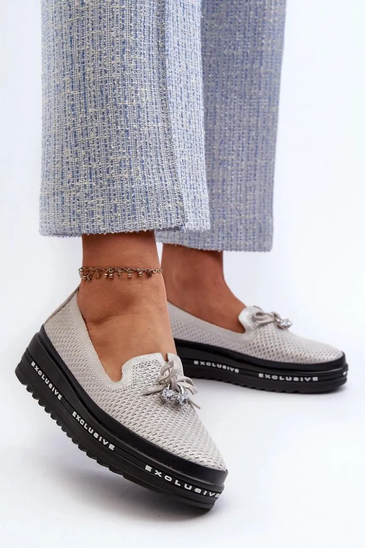 Damskie buty S.Barski Loafersy Damskie|Mokasyny Damskie Skórzane*Błyszczące Mokasyny Damskie Skórzane Na Platformie S.Barski LR400 Srebrne Srebrny