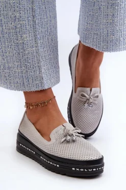 Damskie buty S.Barski Loafersy Damskie|Mokasyny Damskie Skórzane*Błyszczące Mokasyny Damskie Skórzane Na Platformie S.Barski LR400 Srebrne Srebrny