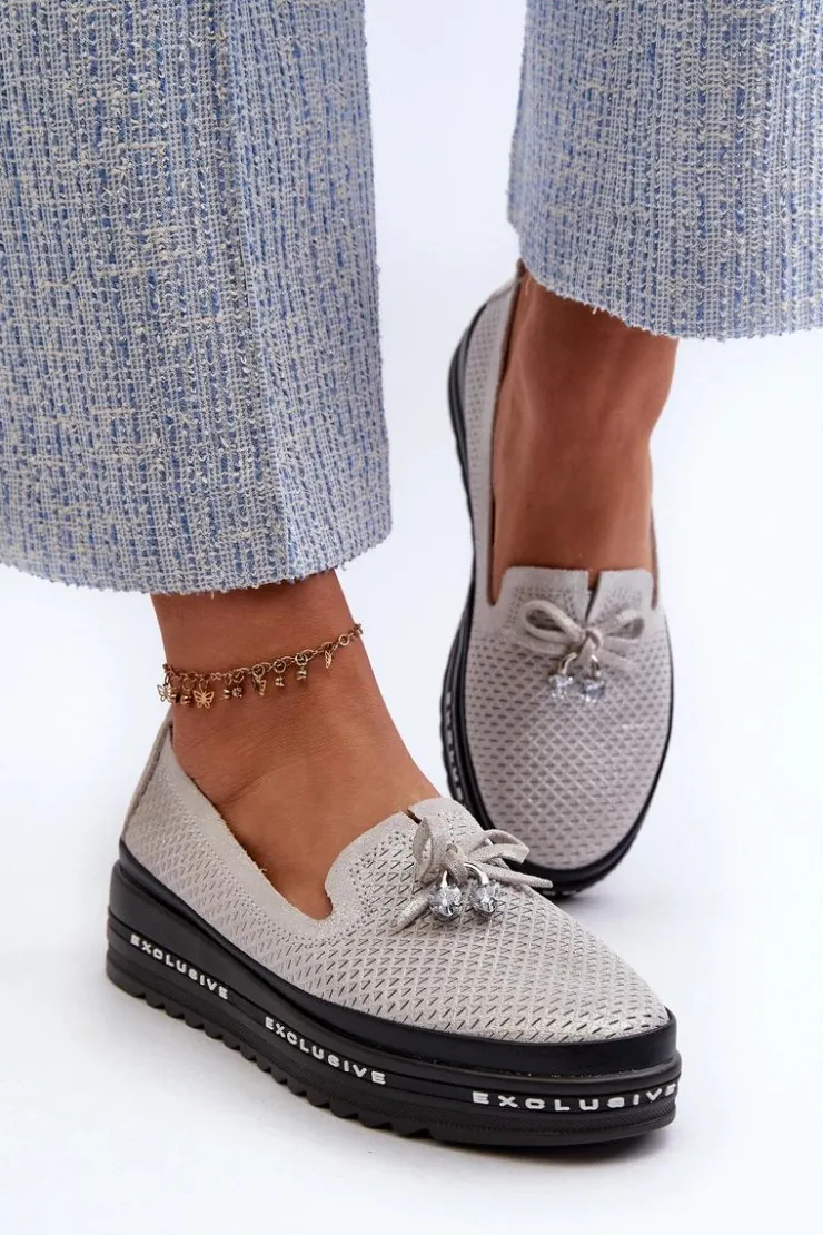 Damskie buty S.Barski Loafersy Damskie|Mokasyny Damskie Skórzane*Błyszczące Mokasyny Damskie Skórzane Na Platformie S.Barski LR400 Srebrne Srebrny