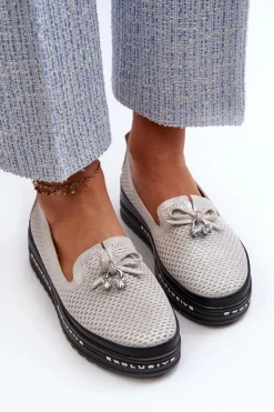 Damskie buty S.Barski Loafersy Damskie|Mokasyny Damskie Skórzane*Błyszczące Mokasyny Damskie Skórzane Na Platformie S.Barski LR400 Srebrne Srebrny