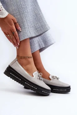 Damskie buty S.Barski Loafersy Damskie|Mokasyny Damskie Skórzane*Błyszczące Mokasyny Damskie Skórzane Na Platformie S.Barski LR400 Srebrne Srebrny