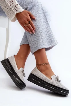 Damskie buty S.Barski Loafersy Damskie|Mokasyny Damskie Skórzane*Błyszczące Mokasyny Damskie Skórzane Na Platformie S.Barski LR400 Srebrne Srebrny