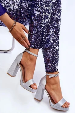 Damskie Boto Błyszczące Sandałki Na Masywnym Obcasie Srebrne Calmi