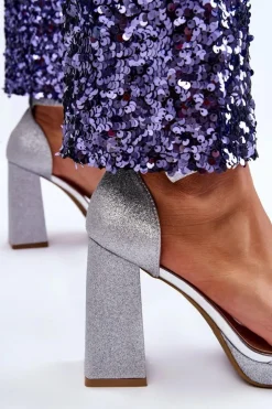 Damskie Boto Błyszczące Sandałki Na Masywnym Obcasie Srebrne Calmi