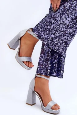 Damskie Boto Błyszczące Sandałki Na Masywnym Obcasie Srebrne Calmi