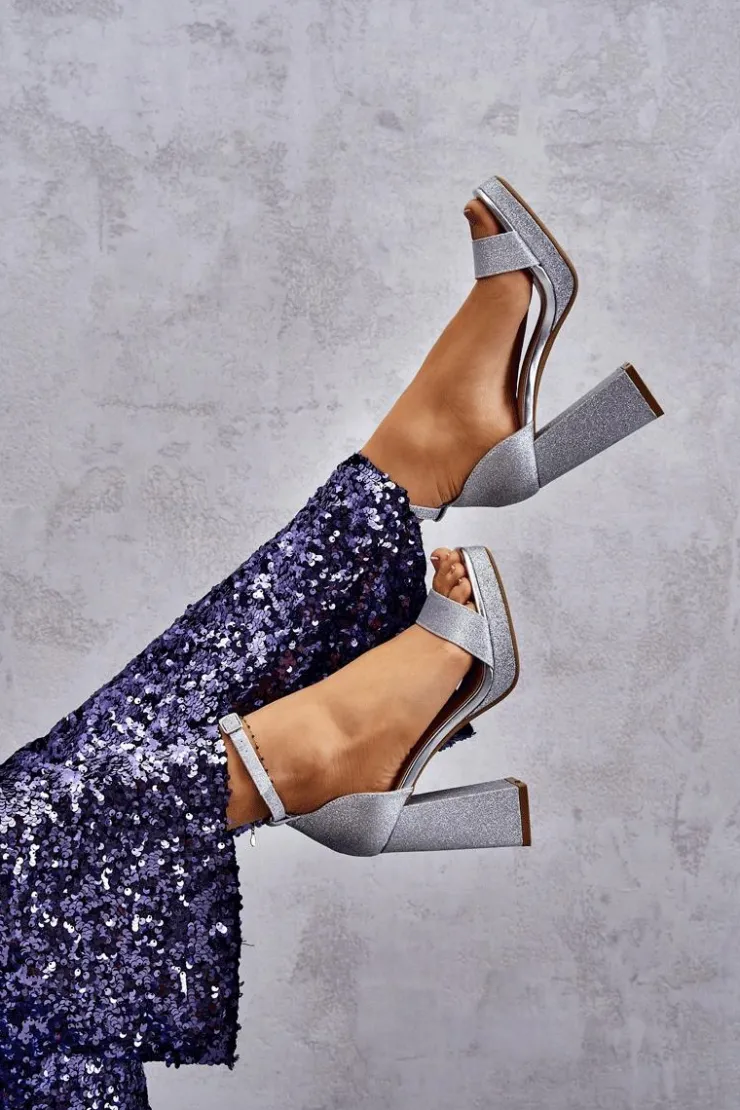 Damskie Boto Błyszczące Sandałki Na Masywnym Obcasie Srebrne Calmi