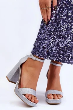 Damskie Boto Błyszczące Sandałki Na Masywnym Obcasie Srebrne Calmi