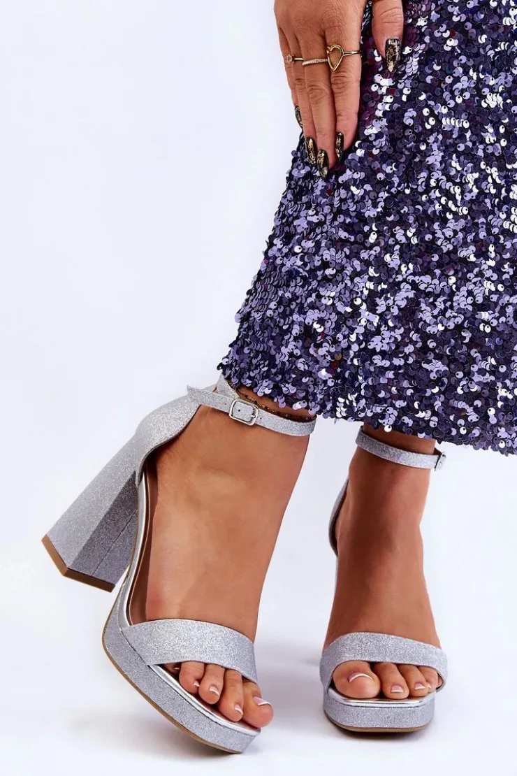 Damskie Boto Błyszczące Sandałki Na Masywnym Obcasie Srebrne Calmi