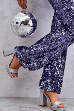 Damskie Boto Błyszczące Sandałki Na Masywnym Obcasie Srebrne Calmi