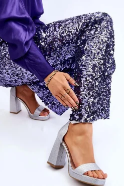 Damskie Boto Błyszczące Sandałki Na Masywnym Obcasie Srebrne Calmi