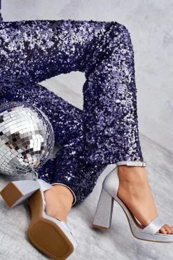 Damskie Boto Błyszczące Sandałki Na Masywnym Obcasie Srebrne Calmi