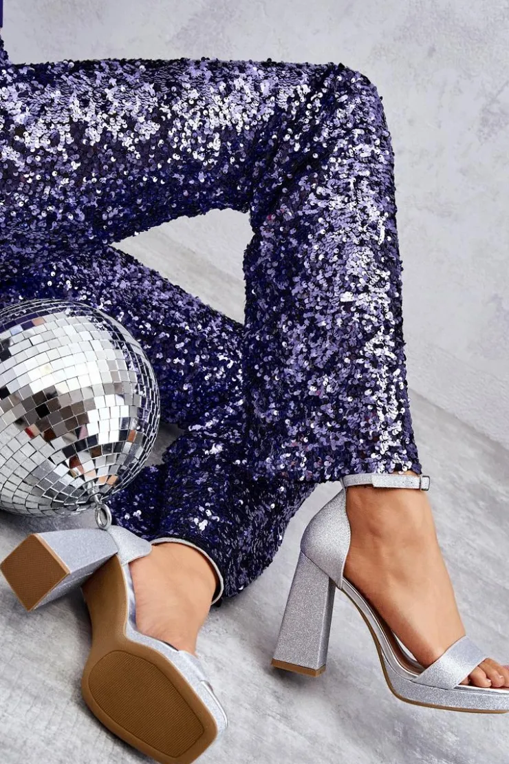 Damskie Boto Błyszczące Sandałki Na Masywnym Obcasie Srebrne Calmi