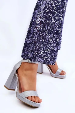 Damskie Boto Błyszczące Sandałki Na Masywnym Obcasie Srebrne Calmi