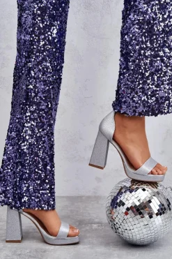 Damskie Boto Błyszczące Sandałki Na Masywnym Obcasie Srebrne Calmi