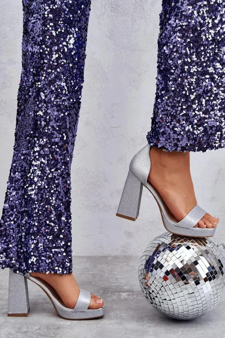 Damskie Boto Błyszczące Sandałki Na Masywnym Obcasie Srebrne Calmi