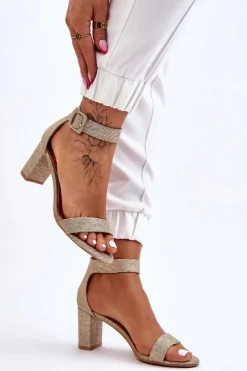 Damskie Boto Błyszczące Sandałki Na Obcasie Złote Maxim