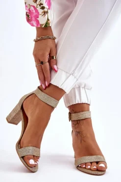 Damskie Boto Błyszczące Sandałki Na Obcasie Złote Maxim