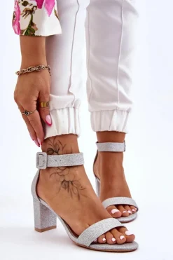 Boto Sandały Na Obcasie*Błyszczące Sandałki Na Obcasie Srebrne Maxim