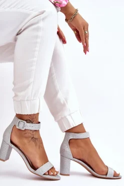 Boto Sandały Na Obcasie*Błyszczące Sandałki Na Obcasie Srebrne Maxim