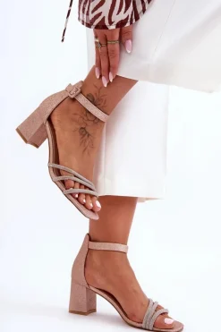 New Boto Błyszczące Sandałki Na Obcasie Beżowe Enenor