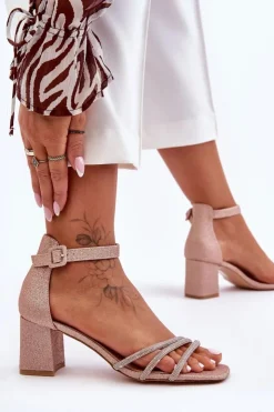 New Boto Błyszczące Sandałki Na Obcasie Beżowe Enenor