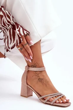 New Boto Błyszczące Sandałki Na Obcasie Beżowe Enenor