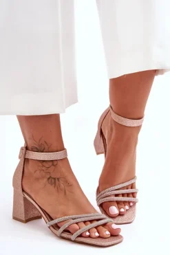 New Boto Błyszczące Sandałki Na Obcasie Beżowe Enenor