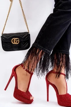 Boto Sandały Na Obcasie*Błyszczące Sandałki Na Wysokim Obcasie Czerwone Marisha