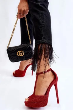 Boto Sandały Na Obcasie*Błyszczące Sandałki Na Wysokim Obcasie Czerwone Marisha