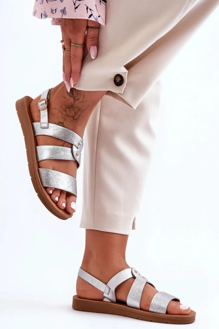 Clearance Boto Błyszczące Sandały Damskie Srebrne Catalia