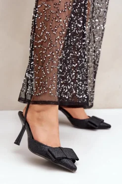 Outlet Boto Błyszczące Szpilki Z Kokardą Czarne Gredan