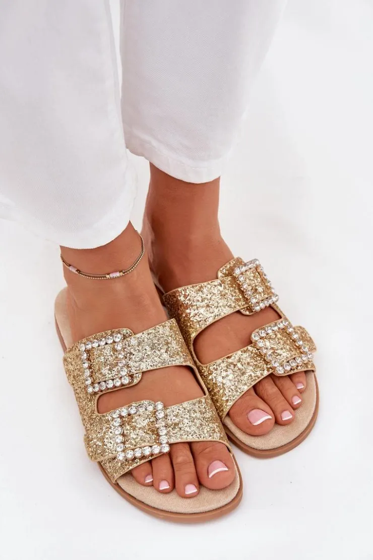 Boto Klapki Damskie Klasyczne*Błyszczące Zdobione Klapki Z Klamrami Na Płaskim Obcasie Złote Tovira Złoty