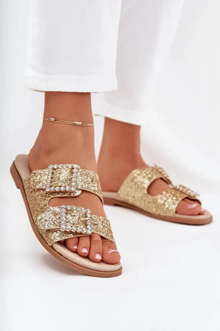 Boto Klapki Damskie Klasyczne*Błyszczące Zdobione Klapki Z Klamrami Na Płaskim Obcasie Złote Tovira Złoty