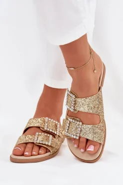 Boto Klapki Damskie Klasyczne*Błyszczące Zdobione Klapki Z Klamrami Na Płaskim Obcasie Złote Tovira Złoty