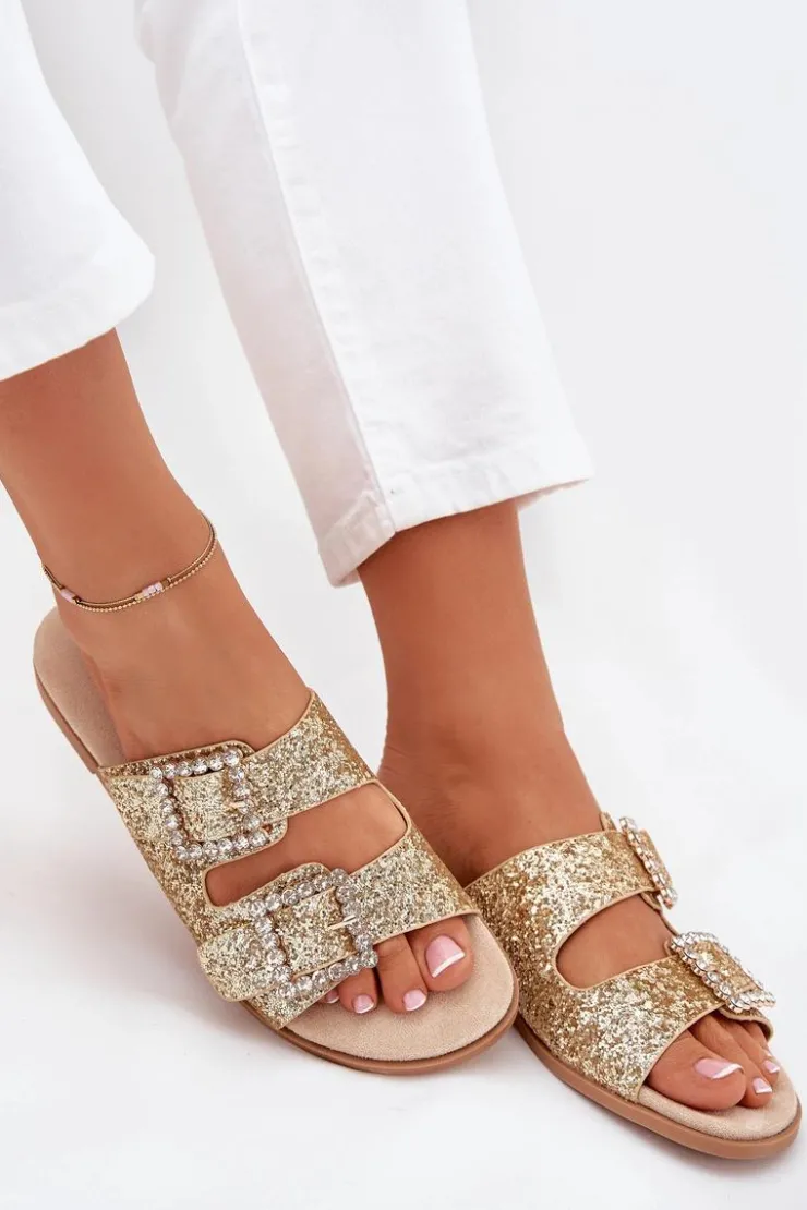 Boto Klapki Damskie Klasyczne*Błyszczące Zdobione Klapki Z Klamrami Na Płaskim Obcasie Złote Tovira Złoty