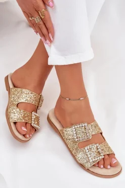 Boto Klapki Damskie Klasyczne*Błyszczące Zdobione Klapki Z Klamrami Na Płaskim Obcasie Złote Tovira Złoty