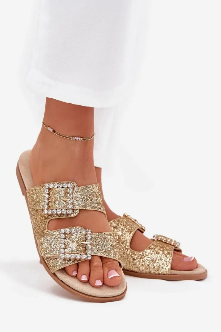 Boto Klapki Damskie Klasyczne*Błyszczące Zdobione Klapki Z Klamrami Na Płaskim Obcasie Złote Tovira Złoty