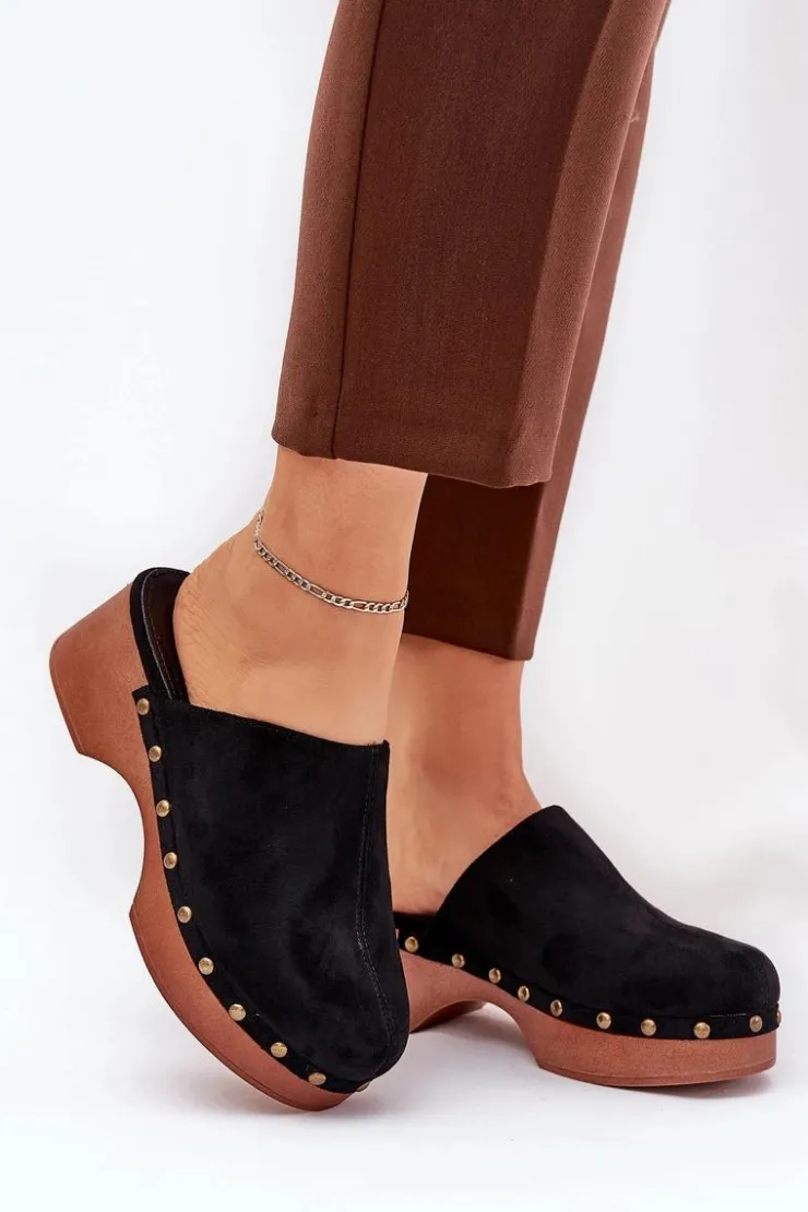 Outlet Boto Chodaki Klapki Damskie Z Ćwiekami Eko Zamszowe Czarne Ellason Czarny