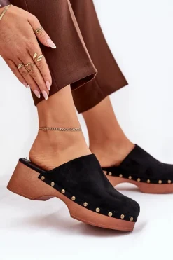 Outlet Boto Chodaki Klapki Damskie Z Ćwiekami Eko Zamszowe Czarne Ellason Czarny