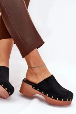 Outlet Boto Chodaki Klapki Damskie Z Ćwiekami Eko Zamszowe Czarne Ellason Czarny