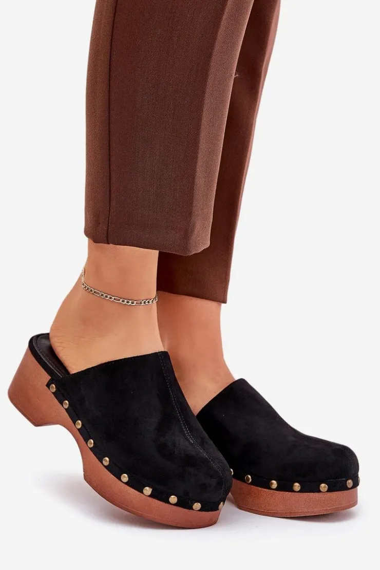 Outlet Boto Chodaki Klapki Damskie Z Ćwiekami Eko Zamszowe Czarne Ellason Czarny