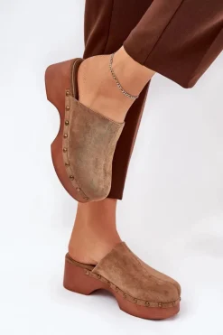 Clearance Boto Chodaki Klapki Damskie Z Ćwiekami Eko Zamszowe Camel Ellason