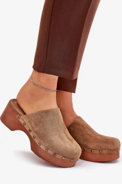 Clearance Boto Chodaki Klapki Damskie Z Ćwiekami Eko Zamszowe Camel Ellason