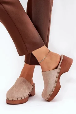 Damskie Boto Chodaki Klapki Damskie Z Ćwiekami Eko Zamszowe Beżowe Ellason