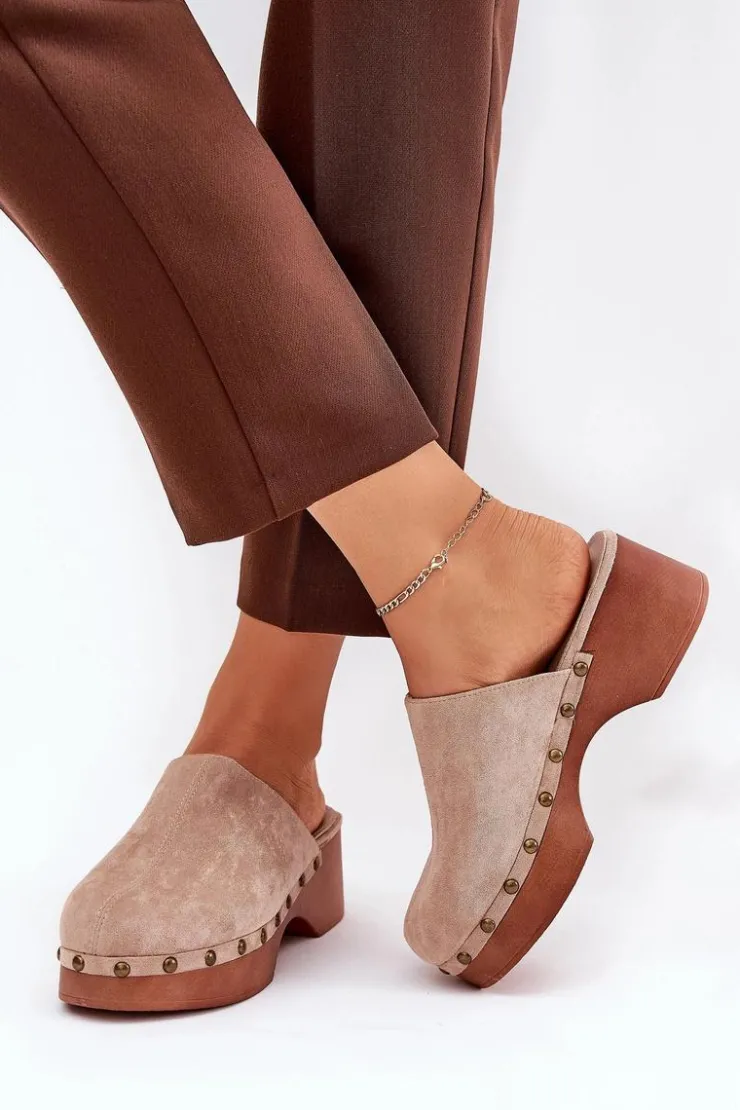 Damskie Boto Chodaki Klapki Damskie Z Ćwiekami Eko Zamszowe Beżowe Ellason