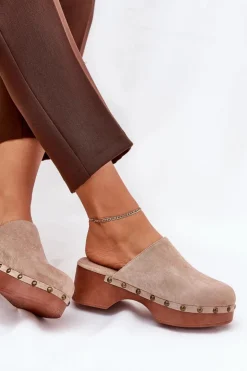 Damskie Boto Chodaki Klapki Damskie Z Ćwiekami Eko Zamszowe Beżowe Ellason