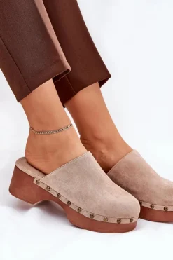 Damskie Boto Chodaki Klapki Damskie Z Ćwiekami Eko Zamszowe Beżowe Ellason